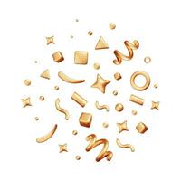 3D Party Gold Confetti Set Isolated on White. Render Golden Confetti Collection. Metal Firecracker Elements in Various Shapes. Party, Holyday, Surprise or Birthday Events. Vector Illustration