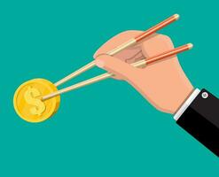 Hand of businessman with chopsticks with gold coin. Money concept of savings, donation, paying. Symbol of wealth. Vector illustration in flat style