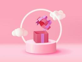 3D Pink Podium with Gift Box and Fluffy Cloud. Render Stage Mockup. Platform with Cartoon Clouds. Valentine Day, Birthday Card, Product Display Presentation Advertisement. Vector Illustration