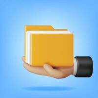 3D Business Folder full of Papers in Hand Isolated. Render Yellow Folder for Correspondence, File for Paper Documents. Open Folder Icon, Manila Archive Case or Ring Binder. Vector Illustration