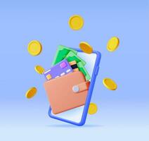 3D Flying Coins and Smartphone with Wallet. Render Money Transfer Concept. Sending and Receiving Money on Mobile Phone Application. Mobile Banking, Money Exchange, Online Payment. Vector Illustration