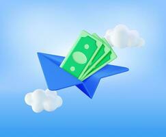 3D Paper Plane with Dollar Banknotes Inside. Render Paper Airplane with Cash Money. Concept of Money Transfers, Transactions, Online Banking and Payments. Vector Illustration