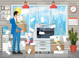 Stressed businessman under pile of office papers and documents. Office building interior. Office documents heap. Routine, bureaucracy, big data, paperwork, office. Vector illustration in flat style