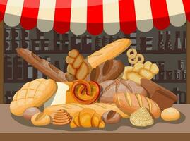 Bread in wicker basket and market stall. Whole grain, wheat and rye bread, toast, pretzel, ciabatta, croissant, bagel, french baguette, cinnamon bun. Vector illustration in flat style