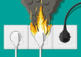 Electrical outlet with plug on fire. Overload of network. Short circuit. Electrical safety concept. Wall socket in flames with smoke. Vector illustration in flat style