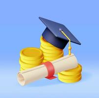 3D Graduation Cap and Diploma with Gold Coin Isolated. Render Cash Money for Education, Savings and Investment Concept. Academic and School Knowledge. Vector Illustration