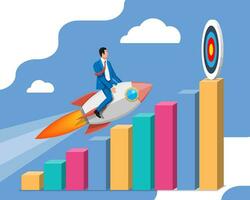 Successful business man flying on rocket on graph going up to target. Businessman on flying space ship. New business or startup. Idea, growing, success, start up strategy. Flat vector illustration