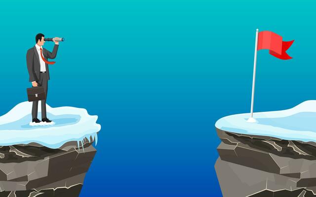 Businessman with briefcase looking for opportunities in spyglass. Business man look up to the target on mountain. Success, achievement, business vision career goal. Flat vector illustration