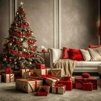 Cosy living room with beautiful christmas tree and red gifts in modern interior. Interior of living room decorated for merry christmas with socks, gift boxes and christmas accessories by AI Generated photo