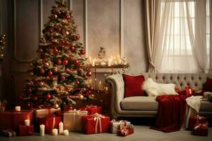 Cosy living room with beautiful christmas tree and red gifts in modern interior. Interior of living room decorated for merry christmas with socks, gift boxes and christmas accessories by AI Generated photo