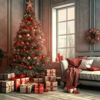 Cosy living room with beautiful christmas tree and red gifts in modern interior. Interior of living room decorated for merry christmas with socks, gift boxes and christmas accessories by AI Generated photo