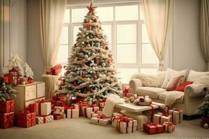 Cosy living room with beautiful christmas tree and red gifts in modern interior. Interior of living room decorated for merry christmas with socks, gift boxes and christmas accessories by AI Generated photo