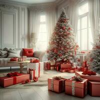 Cosy living room with beautiful christmas tree and red gifts in modern interior. Interior of living room decorated for merry christmas with socks, gift boxes and christmas accessories by AI Generated photo