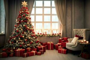 acogedor vivo habitación con hermosa Navidad árbol y rojo regalos en moderno interior. interior de vivo habitación decorado para alegre Navidad con medias, regalo cajas y Navidad accesorios por ai generado foto