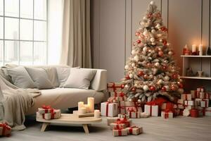 Cosy living room with beautiful christmas tree and red gifts in modern interior. Interior of living room decorated for merry christmas with socks, gift boxes and christmas accessories by AI Generated photo