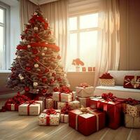 Cosy living room with beautiful christmas tree and red gifts in modern interior. Interior of living room decorated for merry christmas with socks, gift boxes and christmas accessories by AI Generated photo