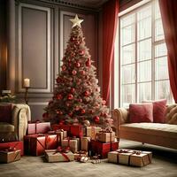 Cosy living room with beautiful christmas tree and red gifts in modern interior. Interior of living room decorated for merry christmas with socks, gift boxes and christmas accessories by AI Generated photo