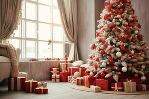 Cosy living room with beautiful christmas tree and red gifts in modern interior. Interior of living room decorated for merry christmas with socks, gift boxes and christmas accessories by AI Generated photo