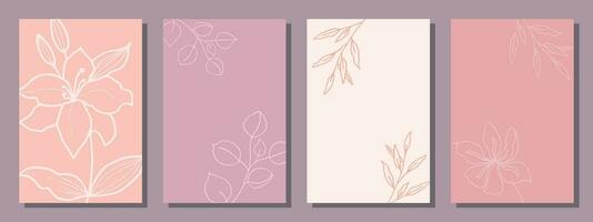 A minimal set of creative universal templates. Hand drawn leaves and flowers in Doodle style. vector