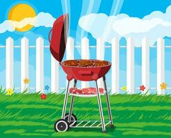 Round barbecue grill. Bbq icon. Electric grill. Device for frying food. Fresh meat and steak. Vector illustration in flat style