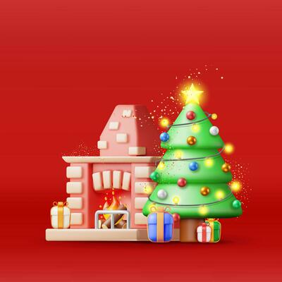3D Red Brick New Year Fireplace Isolated. Render Christmas Decorated Fireplace with Socks, Tree, Gifts. Happy New Year Decoration. Christmas Holiday. New Year and Xmas Celebration. Vector Illustration