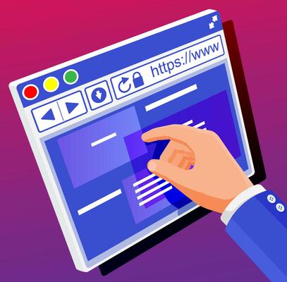 Browser window. Operating system user interface, gui. Computer software. Web site and mouse cursor. Hand and touch screen. Abstract background with ui panel. Flat vector illustration