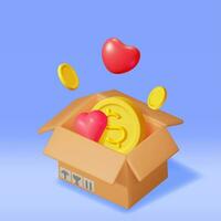 3D Cardboard Box with Gold Coins and Hearts Inside. Open Carton Package with Cash Money. Donate Money, Charity, Save Money Concept. Cargo, Delivery and Transportation. Vector Illustration