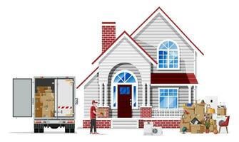 Moving to new house. Family relocated to new home. Male mover, paper cardboard boxes near house, delivery truck. Package for transportation. Household items and electronics. Flat vector illustration