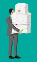 Stressed businessman holds pile of office documents. Overworked business man with stacks of papers. Stress at work. Bureaucracy, paperwork, big data. Vector illustration in flat style