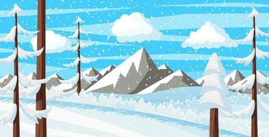 Winter Christmas Background. Pine Tree Wood and Snow. Winter Landscape with Fir Trees Forest, Mountain and Snowing. Happy New Year Celebration. New Year Xmas Holiday. Vector Illustration Flat Style