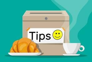 Tip box full of cash and cup of coffee with croissant. Thanks for the service. Money for servicing. Good feedback or donation. Gratuity concept. Vector illustration in flat style