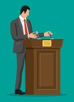 Orator speaking from tribune. Public speaker. Wooden rostrum with microphones for presentation. Stand, podium for conferences, lectures debates. Political and ballot. Flat vector illustration