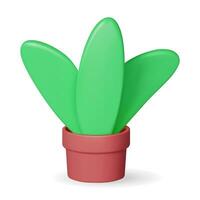 3D Plant Leaves in Pot Isolated. Render Simple Green Plant. Office or Home Flower Decoration. Gardening Concept. Plastic Style Leaf. Cartoon Vector Illustration