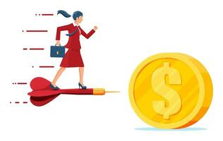 Businesswoman on dart arrow in dollar coin target. Goal setting. Smart goal. Business target concept. Achievement and success. Vector illustration in flat style