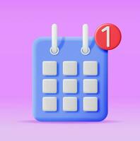 3D Calendar with Notification Alert Isolated. Render Square Calendar Icon. Schedule, Appointment, Organizer, Timesheet, Important Date. Reminder Notification Concept. Minimal Vector Illustration