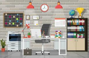 Office building interior. Desk with computer, chair, lamp, books document papers. Modern business workspace. Drawer, tree, clocks, calendar printer. Modern business workplace. Flat vector illustration