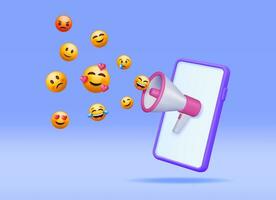 3D Megaphone with Emoticons and Smartphone. Render Phone Loudspeaker with Faces with Various Emotions and Expression. Social Media Concept. Social Network Announcement Message. Vector Illustration