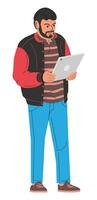 Bearded Fashionable Man Holding Tablet Computer. Guy in Casual Clothes with Tablet PC. Male Character in Jacket and Jeans with Computer. IT Engineer Standing Pose. Cartoon Flat Vector Illustration