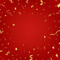 3D Party Gold Confetti on Red Background. Render Golden Confetti Collection. Metal Firecracker Elements in Various Shapes. Party, Holyday, Surprise or Birthday Events. Vector Illustration