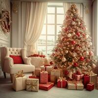 Cosy living room with beautiful christmas tree and red gifts in modern interior. Interior of living room decorated for merry christmas with socks, gift boxes and christmas accessories by AI Generated photo