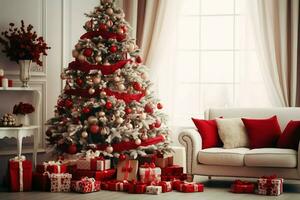 Cosy living room with beautiful christmas tree and red gifts in modern interior. Interior of living room decorated for merry christmas with socks, gift boxes and christmas accessories by AI Generated photo