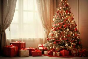 Cosy living room with beautiful christmas tree and red gifts in modern interior. Interior of living room decorated for merry christmas with socks, gift boxes and christmas accessories by AI Generated photo