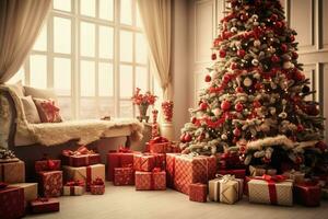 Cosy living room with beautiful christmas tree and red gifts in modern interior. Interior of living room decorated for merry christmas with socks, gift boxes and christmas accessories by AI Generated photo