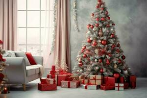 Cosy living room with beautiful christmas tree and red gifts in modern interior. Interior of living room decorated for merry christmas with socks, gift boxes and christmas accessories by AI Generated photo