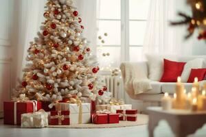 Cosy living room with beautiful christmas tree and red gifts in modern interior. Interior of living room decorated for merry christmas with socks, gift boxes and christmas accessories by AI Generated photo