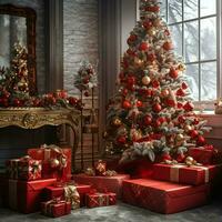 Cosy living room with beautiful christmas tree and red gifts in modern interior. Interior of living room decorated for merry christmas with socks, gift boxes and christmas accessories by AI Generated photo