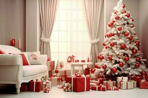 Cosy living room with beautiful christmas tree and red gifts in modern interior. Interior of living room decorated for merry christmas with socks, gift boxes and christmas accessories by AI Generated photo