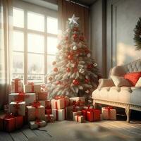 Cosy living room with beautiful christmas tree and red gifts in modern interior. Interior of living room decorated for merry christmas with socks, gift boxes and christmas accessories by AI Generated photo