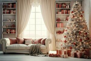 Cosy living room with beautiful christmas tree and red gifts in modern interior. Interior of living room decorated for merry christmas with socks, gift boxes and christmas accessories by AI Generated photo