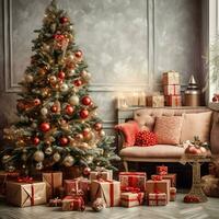 Cosy living room with beautiful christmas tree and red gifts in modern interior. Interior of living room decorated for merry christmas with socks, gift boxes and christmas accessories by AI Generated photo